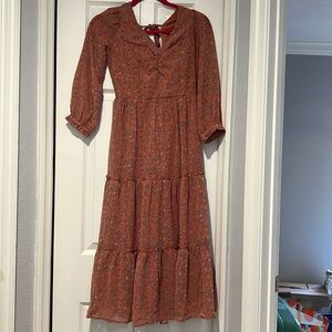 Japna Midi Length Orange Pink Floral Dress with Sleeves size XS